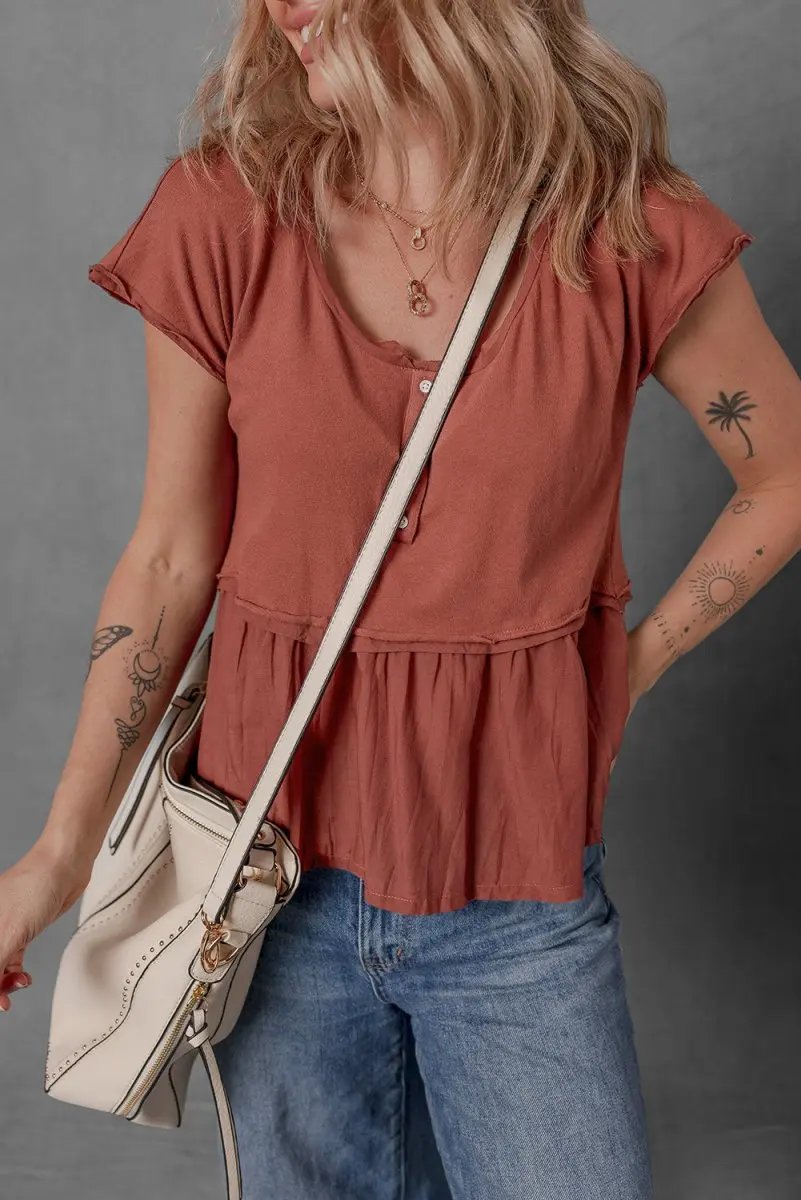 Chestnut Short Sleeve U Neck Buttons Splicing Ruffle Blouse - Love Salve